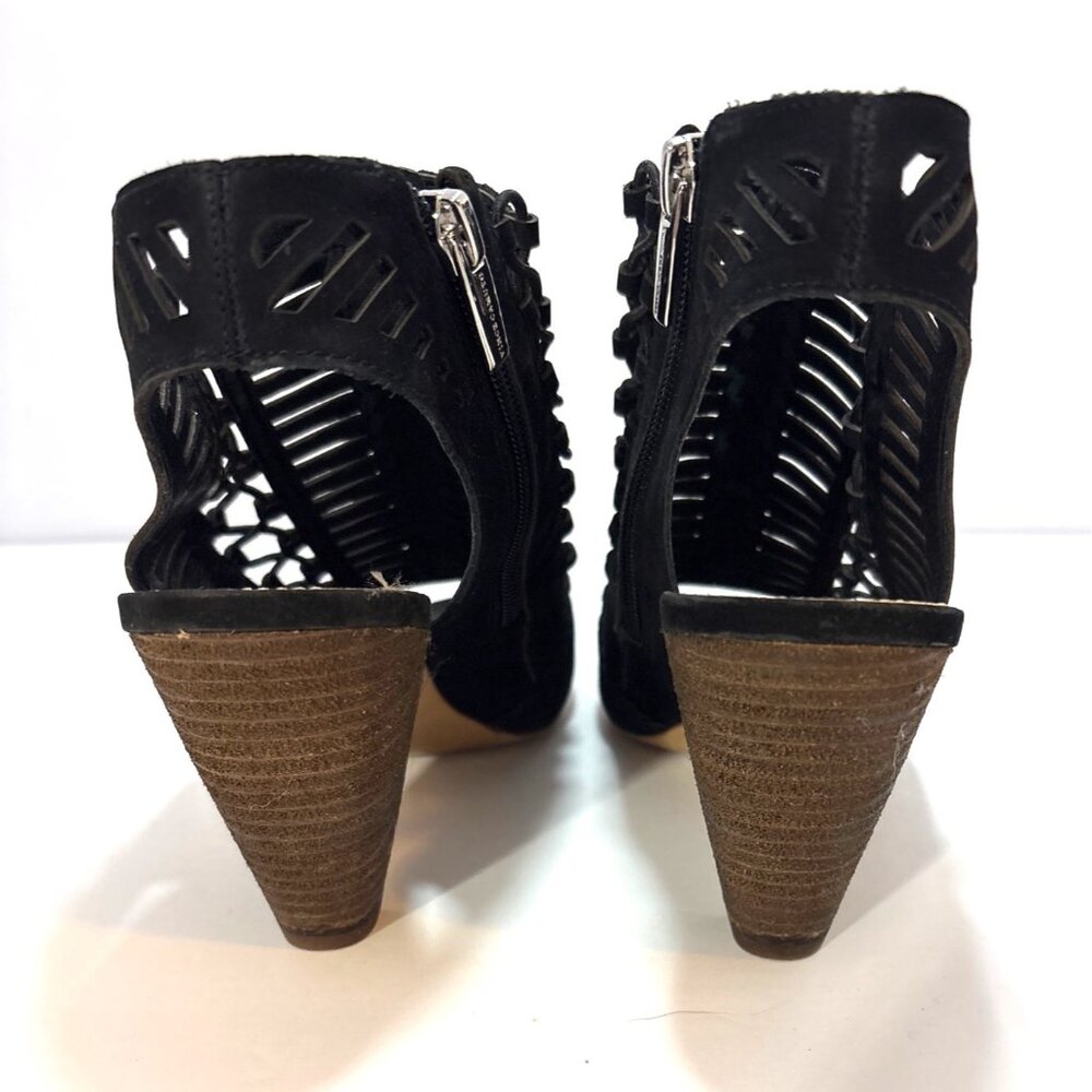 Black Peep-Toe Laser-Cut Heeled Sandals With Back Zippers & Wooden Cone Heels - Picture 6 of 9